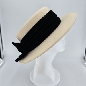 Women's Cream Felt Boater Hat with Black Velvet Band